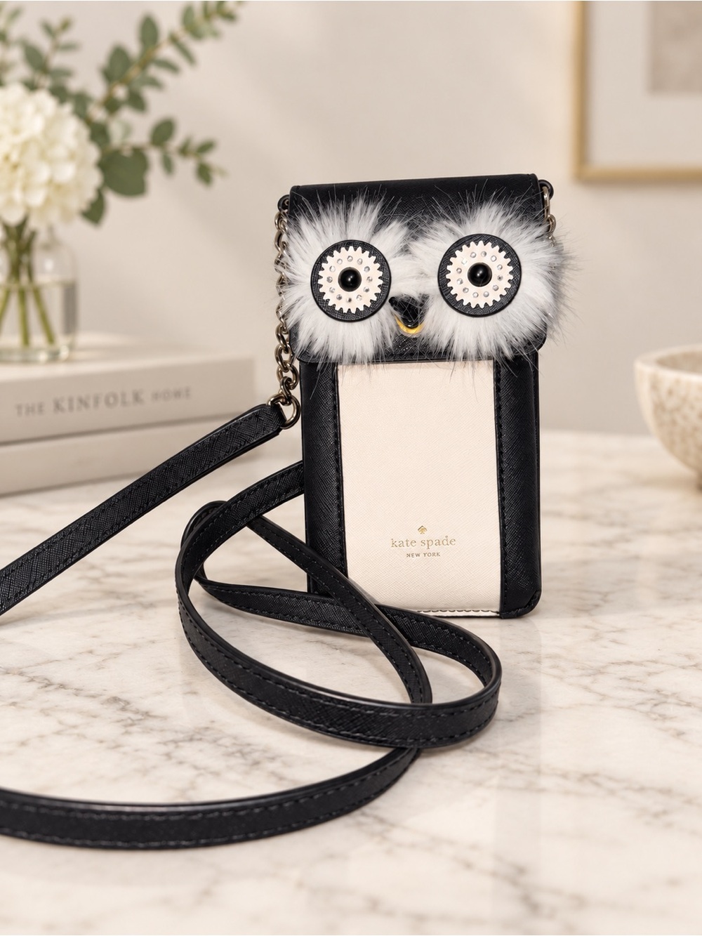 Kate Spade Penguin Phone Crossbody Black Cream Saffiano Leather Faux Fur